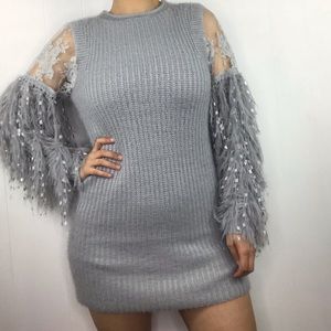 Embroided Mesh Shoulder Long Sleeve Sweater Dress